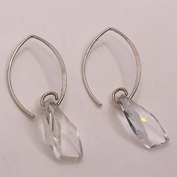 Sterling Crystal Drop Curved Wire Post Earrings Facet Cut 2” - Picture 1 of 6